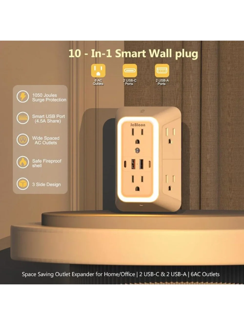 6-Outlet Power Plug Adapter with 4 USB Ports & Night Light - Travel & Home Use